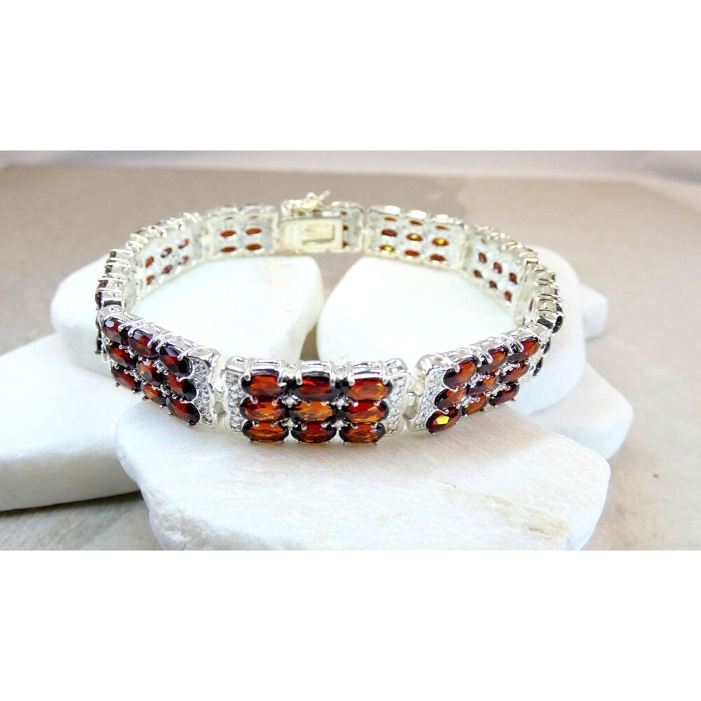 925 Sterling Silver Red Garnet Tennis Link Bracelet Set Box Clasp 3 Tier 7.5"